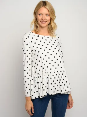 WOMEN'S LONG LEEVE POLKA DOTS PEPLUM TOP