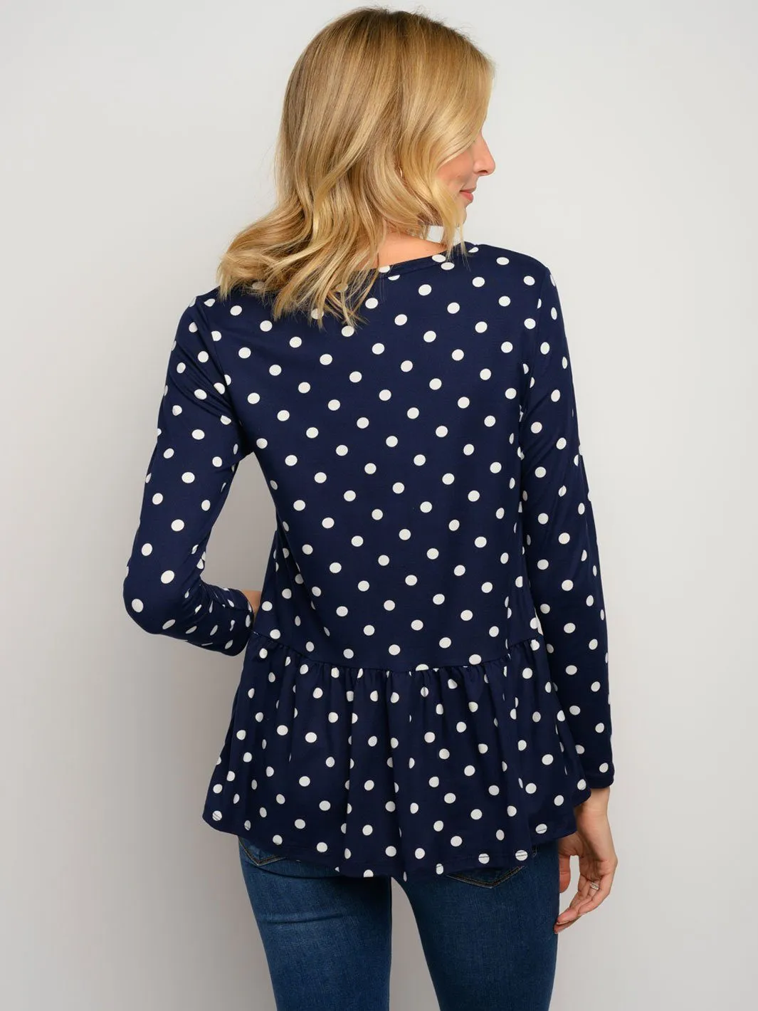 WOMEN'S LONG LEEVE POLKA DOTS PEPLUM TOP