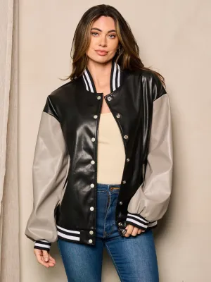WOMEN'S LONG SLEEVE BUTTON CLOSURE PU COLORBLOCK JACKET