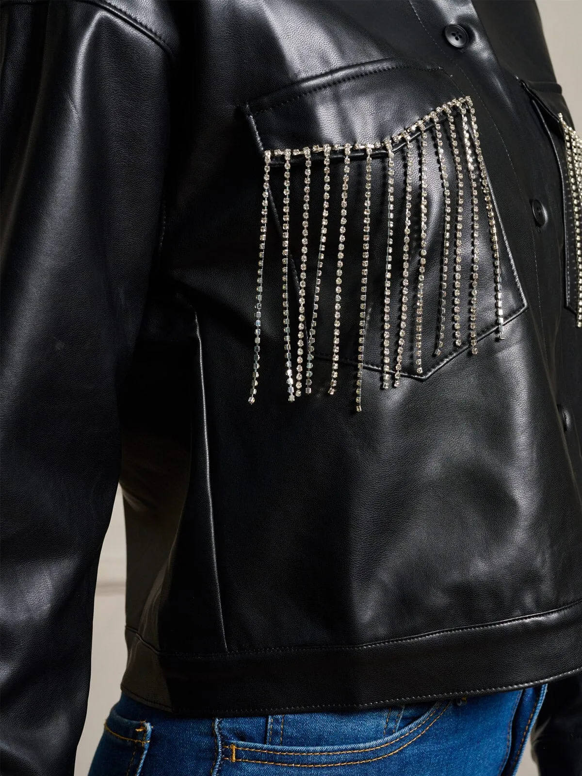 WOMEN'S LONG SLEEVE BUTTON UP FRINGE PU PLEATHER JACKET