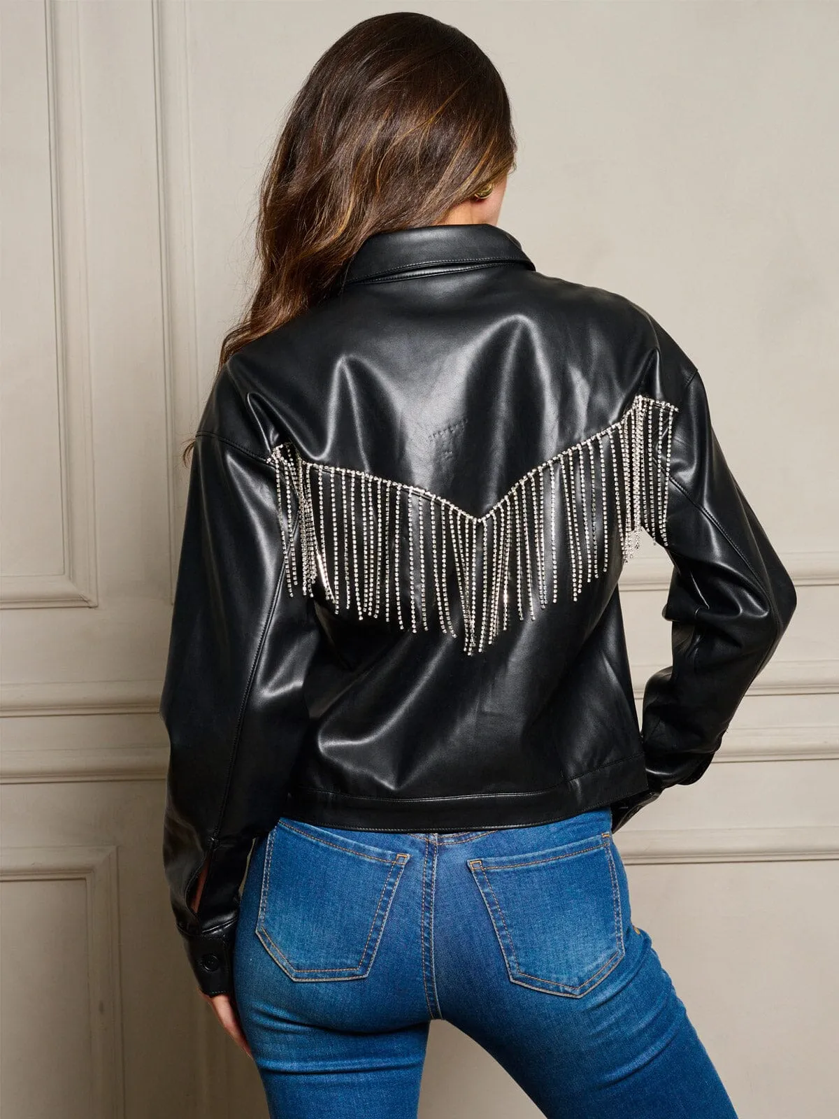 WOMEN'S LONG SLEEVE BUTTON UP FRINGE PU PLEATHER JACKET