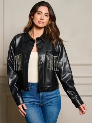 WOMEN'S LONG SLEEVE BUTTON UP FRINGE PU PLEATHER JACKET