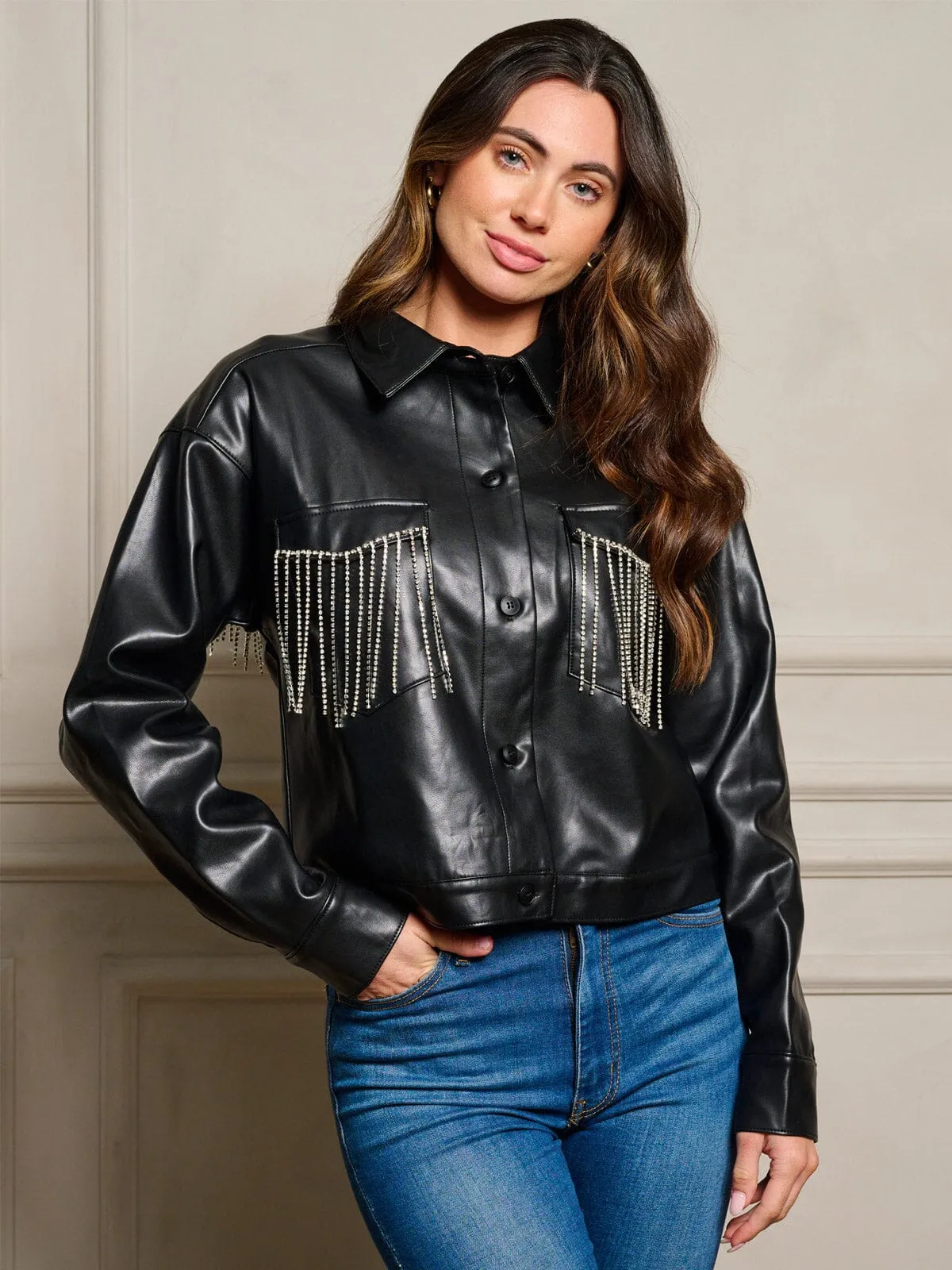 WOMEN'S LONG SLEEVE BUTTON UP FRINGE PU PLEATHER JACKET