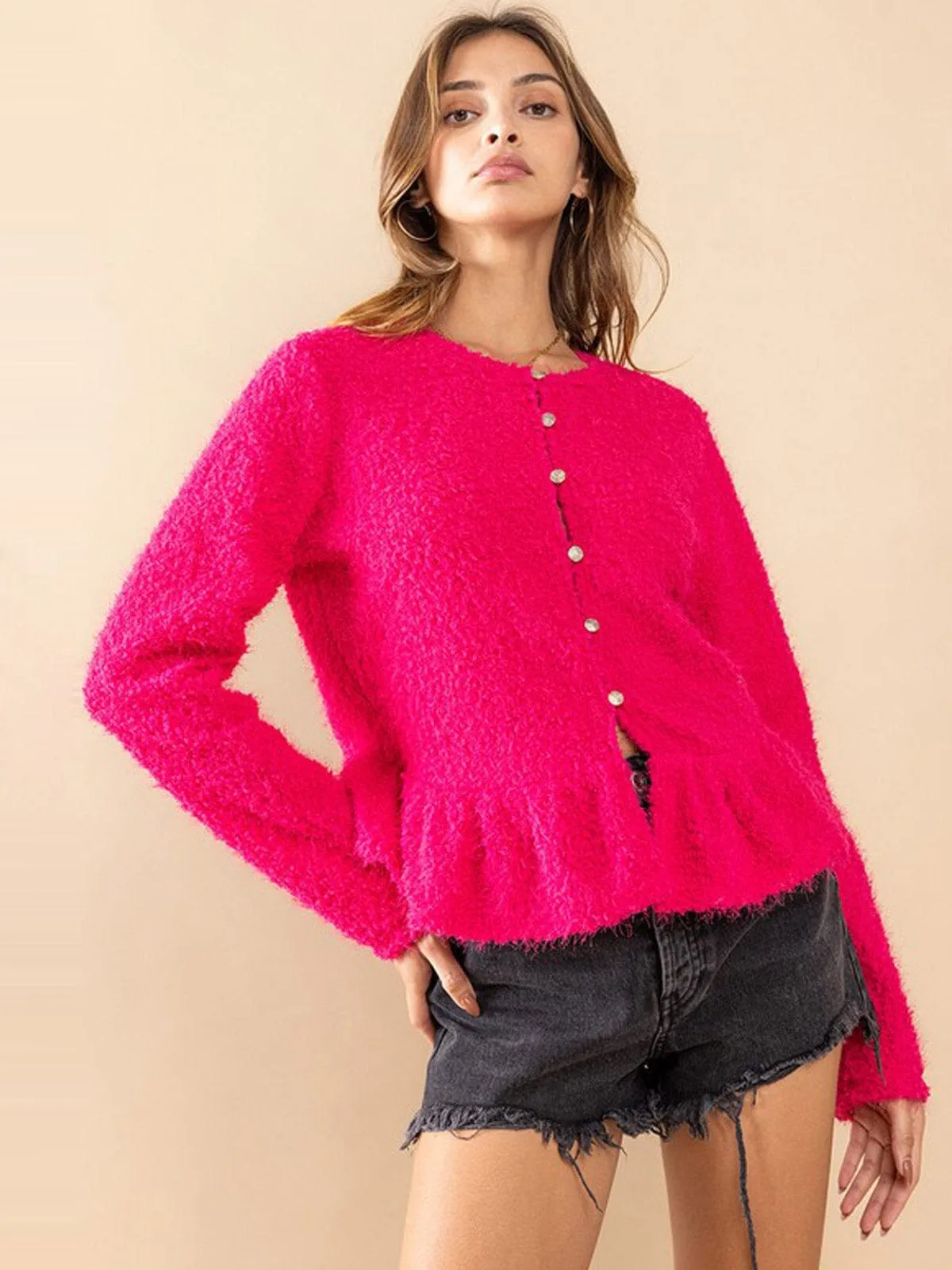 WOMEN'S LONG SLEEVE BUTTON UP FUZZY PEPLUM BLOUSE TOP