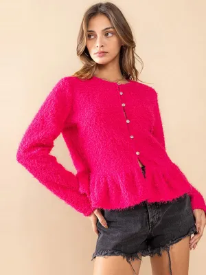 WOMEN'S LONG SLEEVE BUTTON UP FUZZY PEPLUM BLOUSE TOP