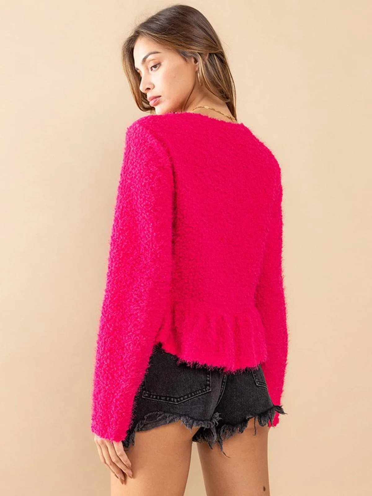 WOMEN'S LONG SLEEVE BUTTON UP FUZZY PEPLUM BLOUSE TOP