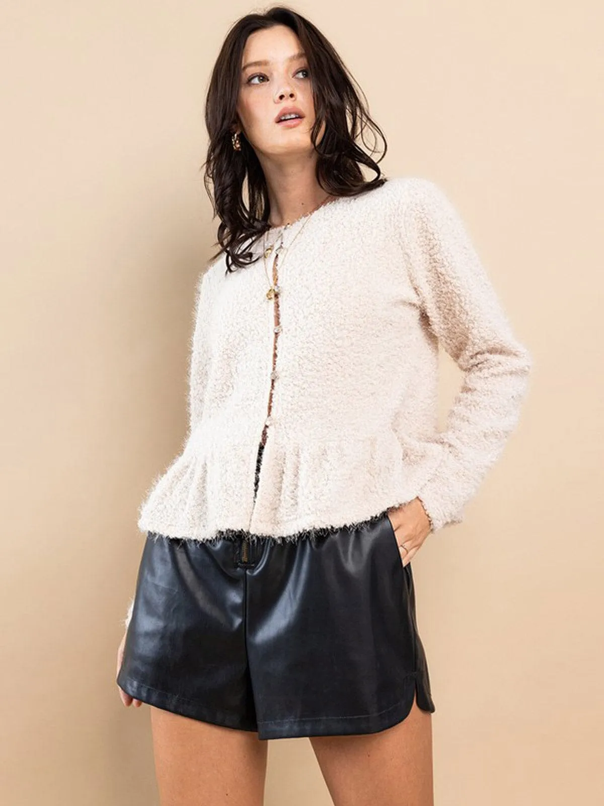 WOMEN'S LONG SLEEVE BUTTON UP FUZZY PEPLUM BLOUSE TOP