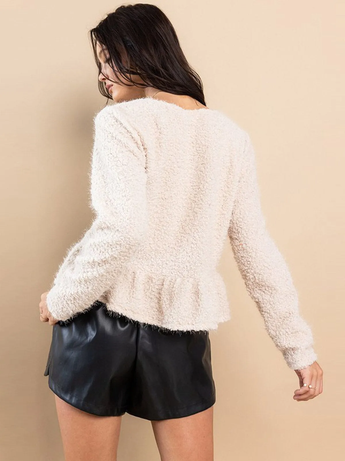 WOMEN'S LONG SLEEVE BUTTON UP FUZZY PEPLUM BLOUSE TOP
