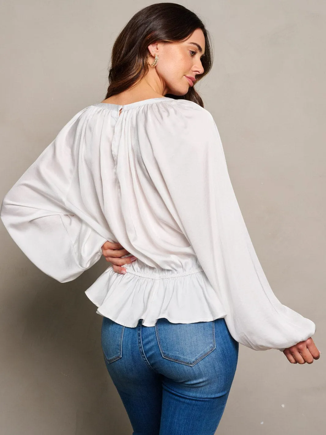 WOMEN'S LONG SLEEVE ELASTIC WAIST PEPLUM RUFFLE BLOUSE TOP