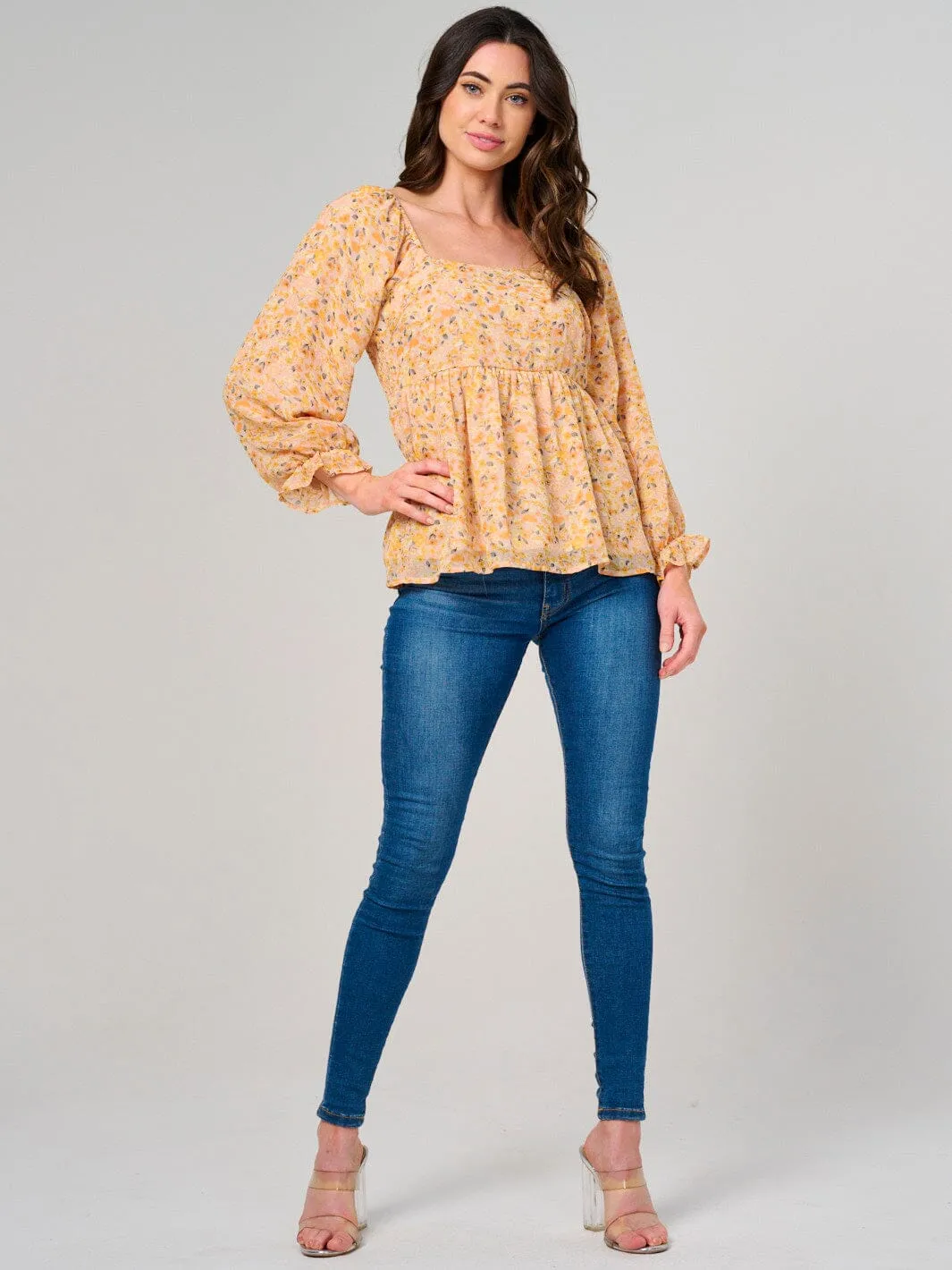 WOMEN'S LONG SLEEVE SQUARE NECK FLORAL PEPLUM BLOUSE