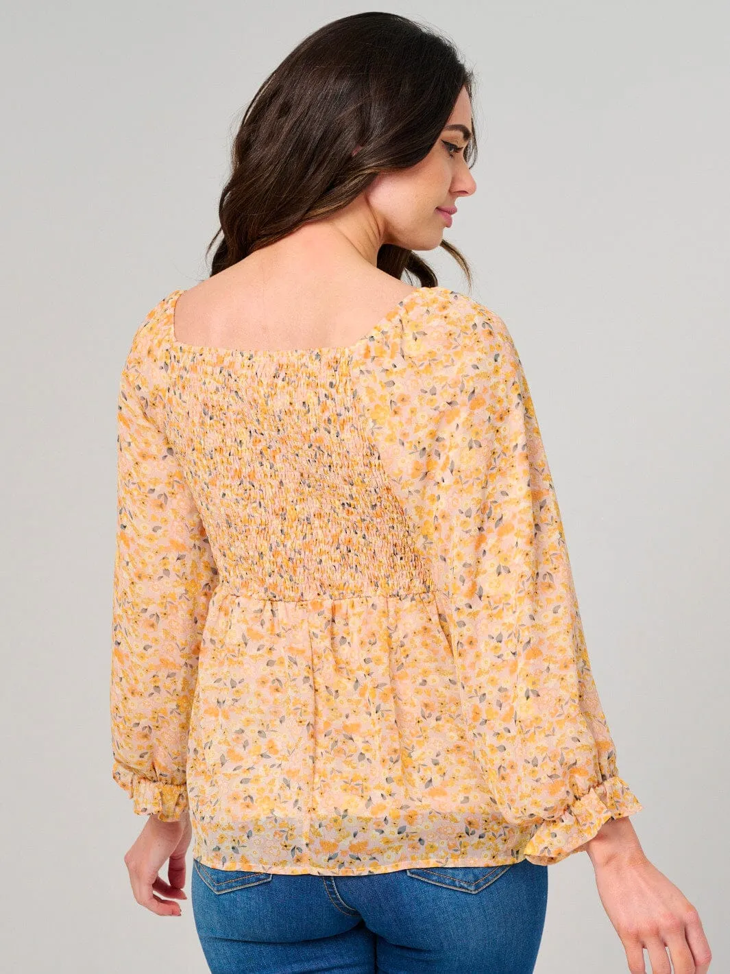 WOMEN'S LONG SLEEVE SQUARE NECK FLORAL PEPLUM BLOUSE