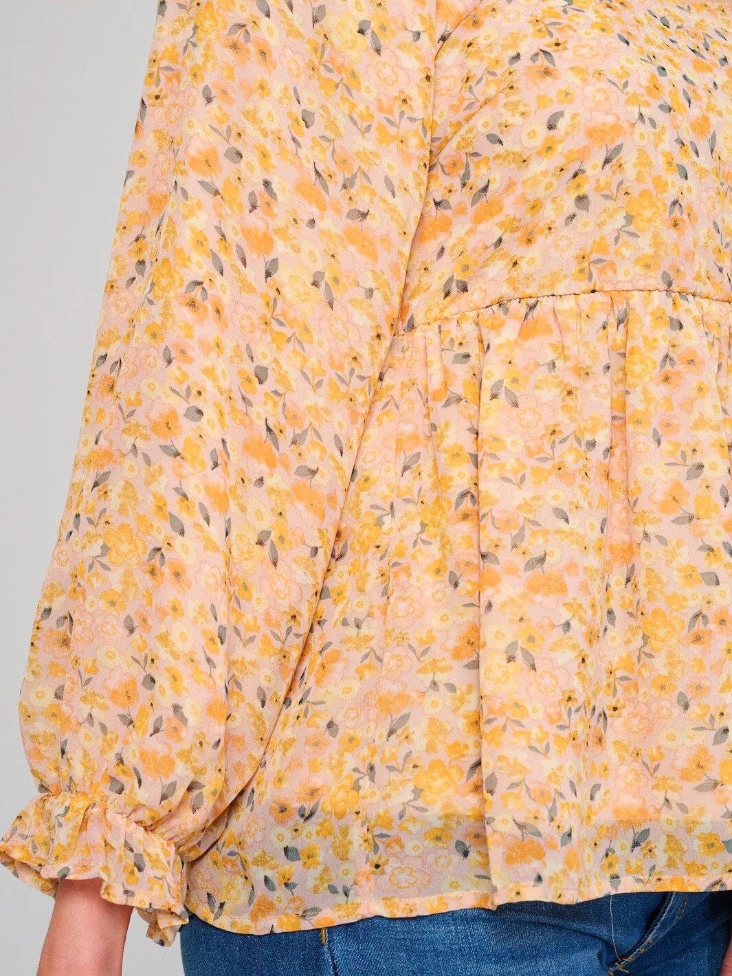 WOMEN'S LONG SLEEVE SQUARE NECK FLORAL PEPLUM BLOUSE