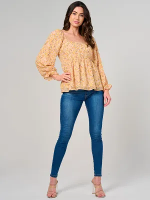 WOMEN'S LONG SLEEVE SQUARE NECK FLORAL PEPLUM BLOUSE