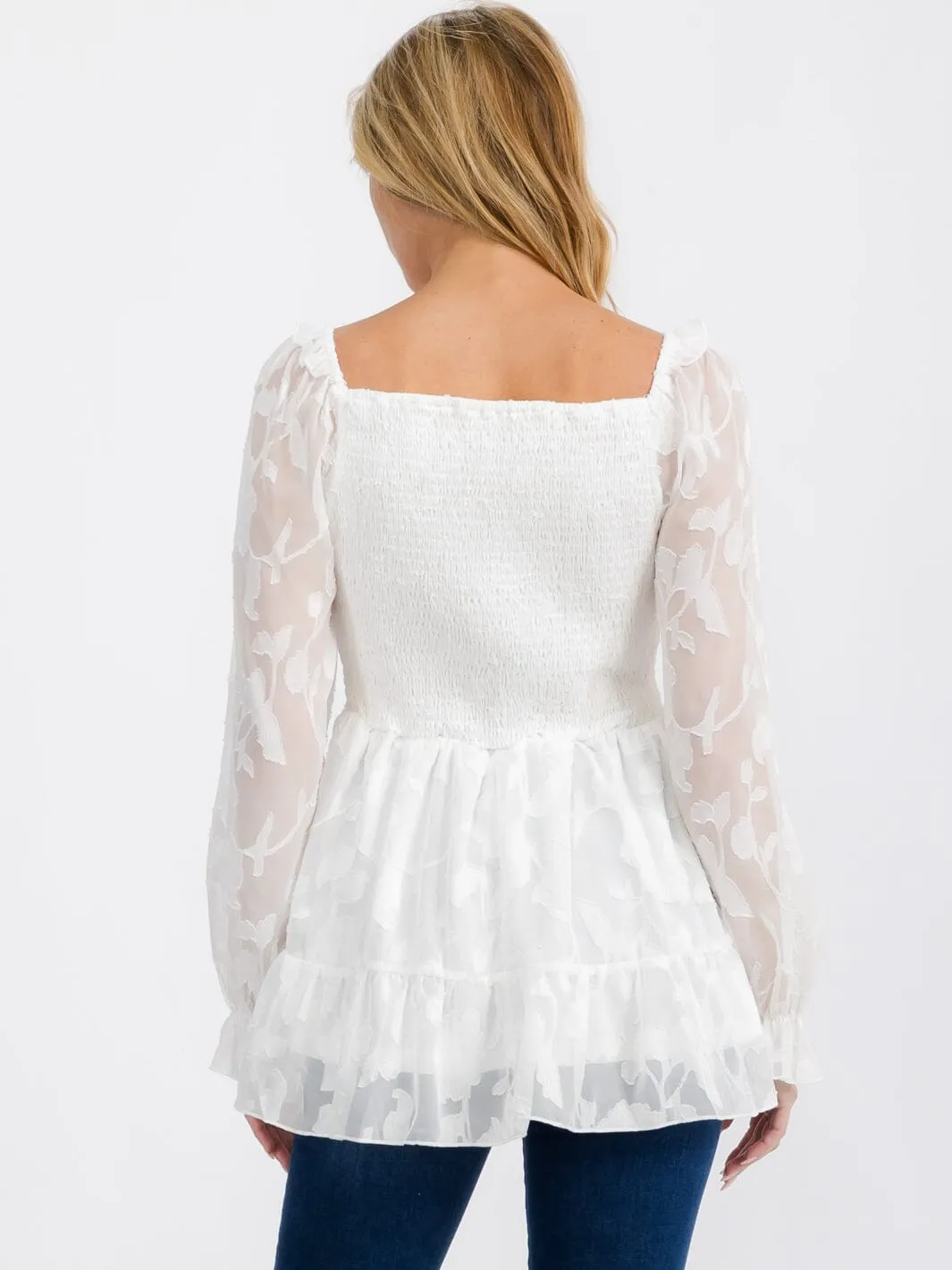 WOMEN'S LONG SLEEVE SQUARE NECK SMOCK PEPLUM BLOUSE TOP