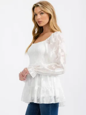 WOMEN'S LONG SLEEVE SQUARE NECK SMOCK PEPLUM BLOUSE TOP