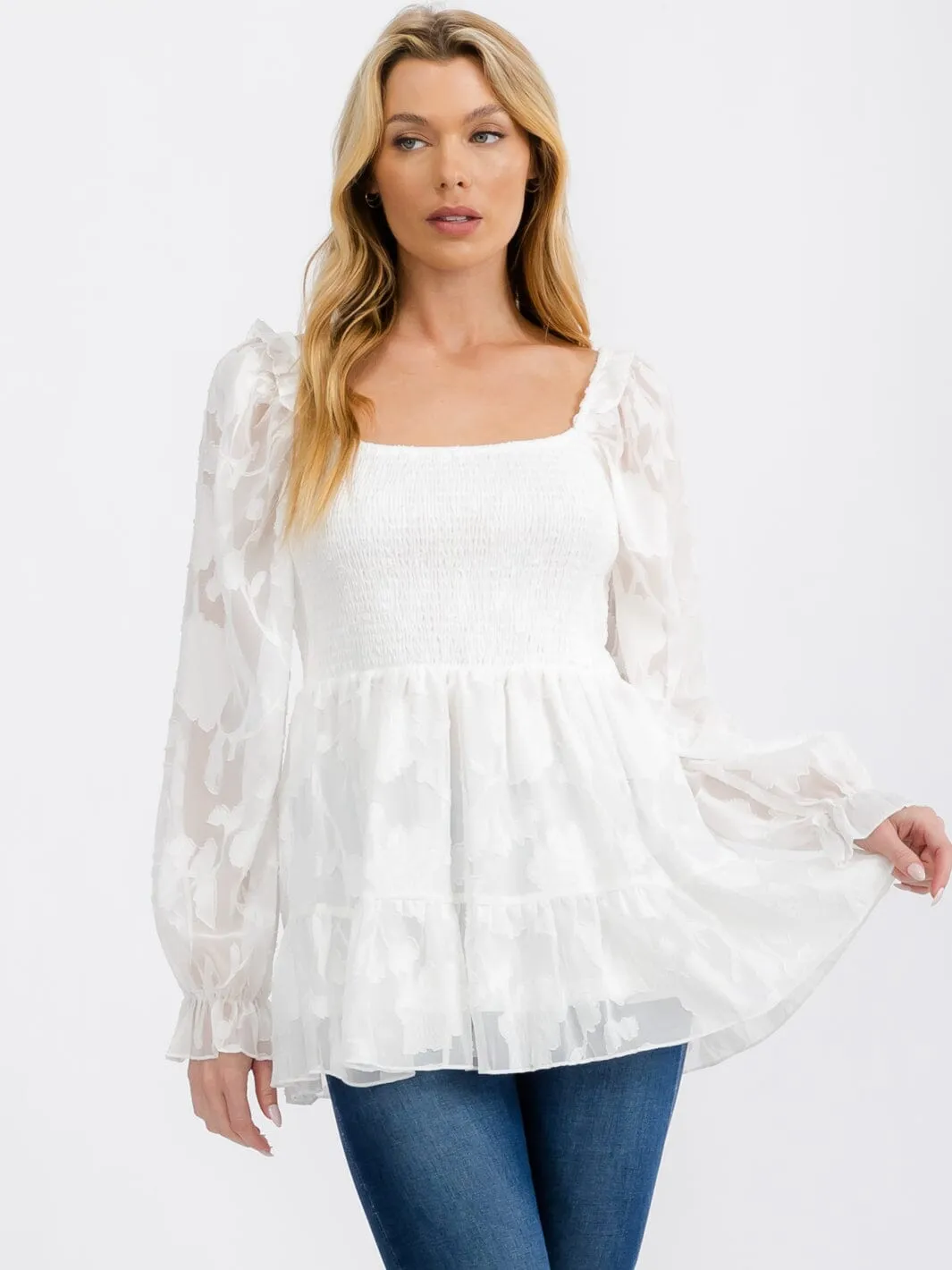 WOMEN'S LONG SLEEVE SQUARE NECK SMOCK PEPLUM BLOUSE TOP