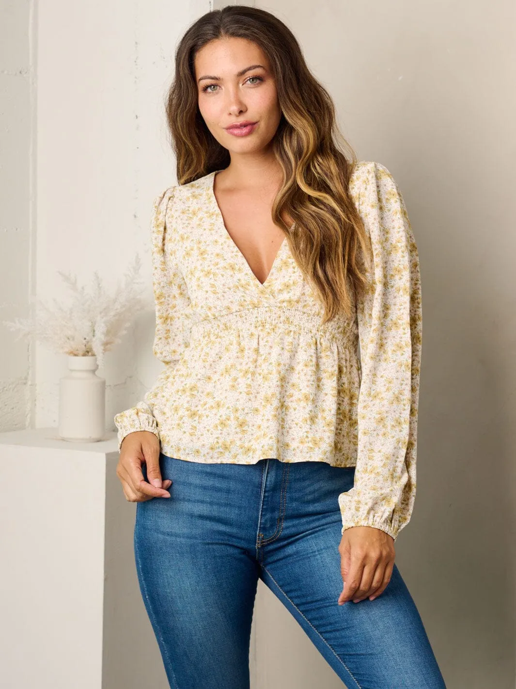 WOMEN'S LONG SLEEVE SURPLICE PEPLUM FLORAL TOP