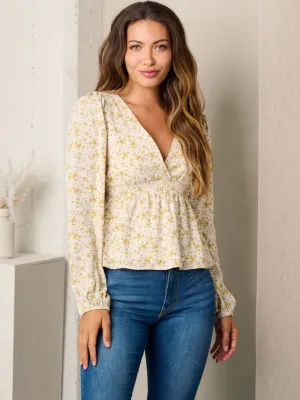 WOMEN'S LONG SLEEVE SURPLICE PEPLUM FLORAL TOP