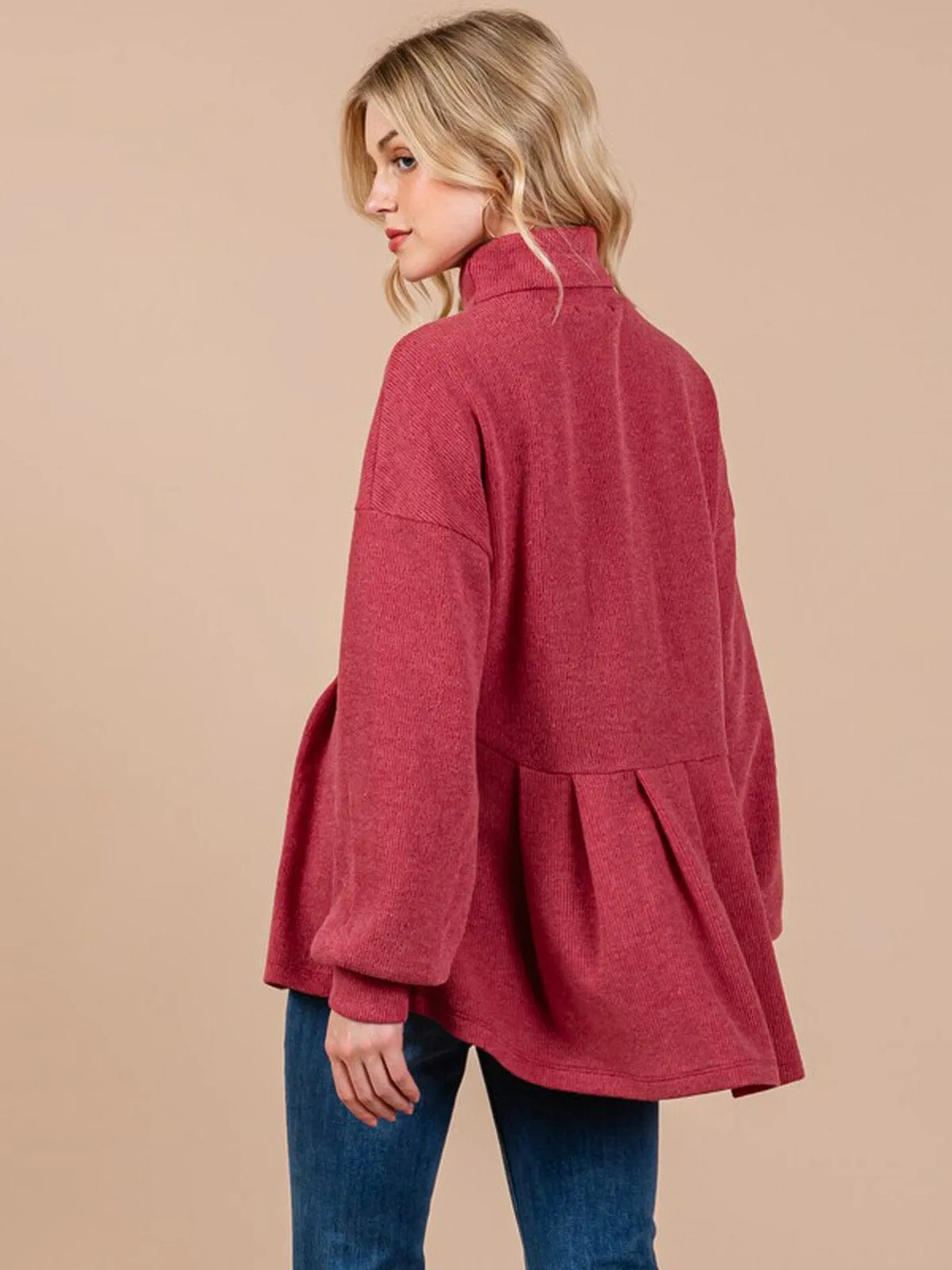WOMEN'S LONG SLEEVE TURTLE NECK PEPLUM BLOUSE