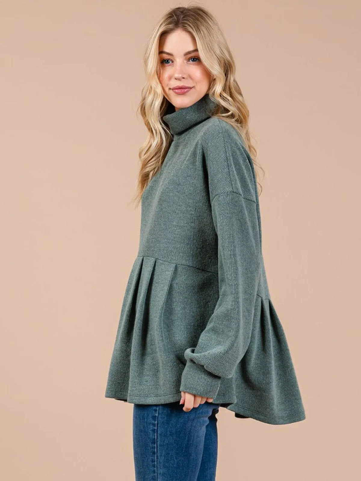 WOMEN'S LONG SLEEVE TURTLE NECK PEPLUM BLOUSE