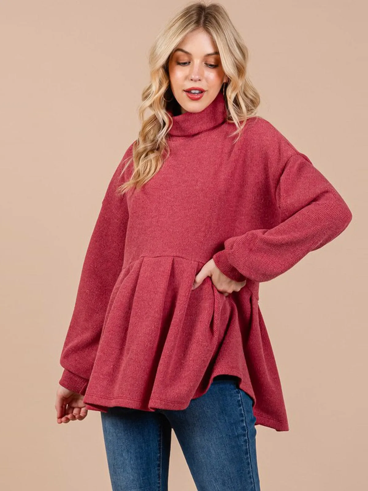WOMEN'S LONG SLEEVE TURTLE NECK PEPLUM BLOUSE