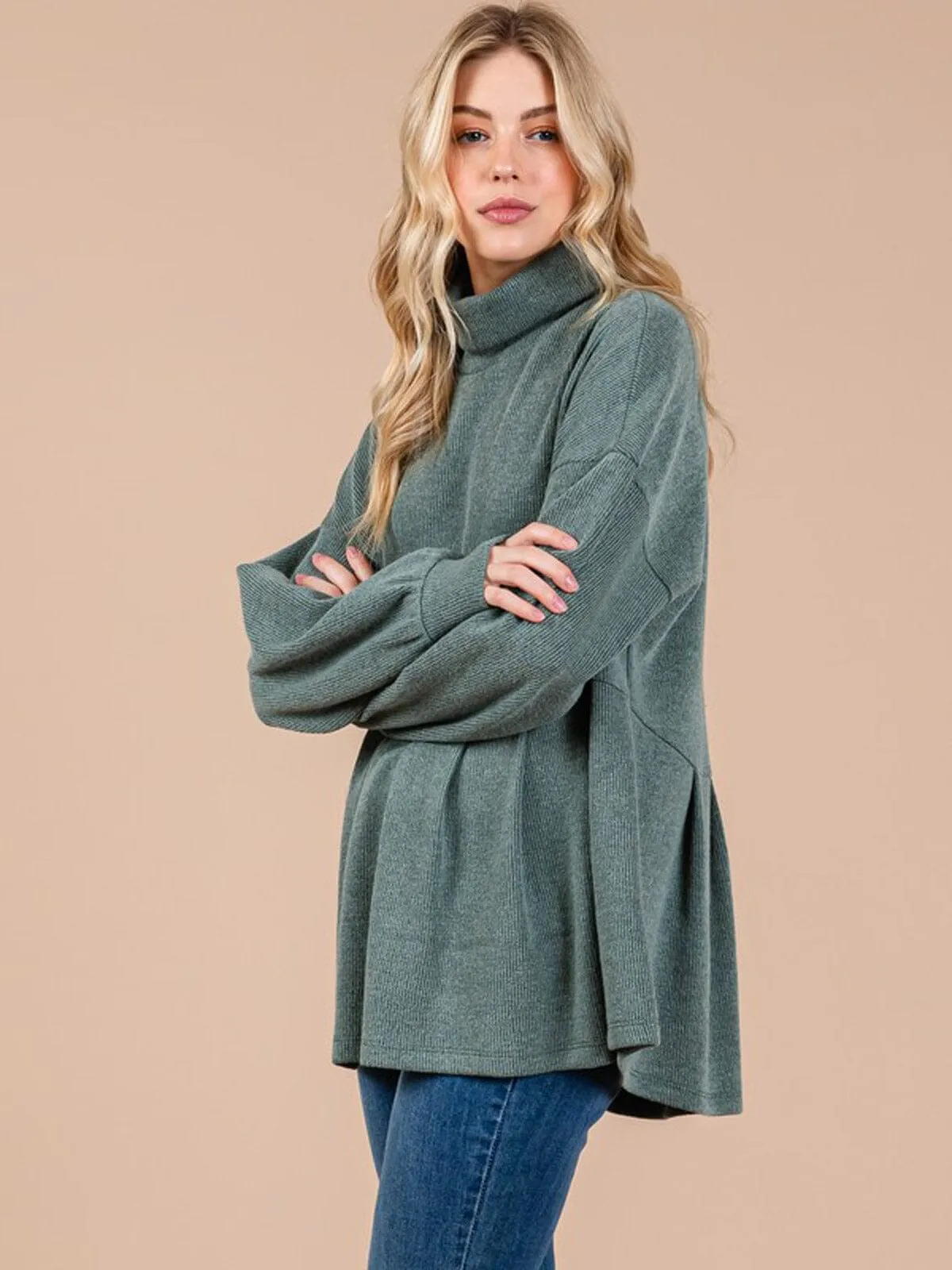 WOMEN'S LONG SLEEVE TURTLE NECK PEPLUM BLOUSE