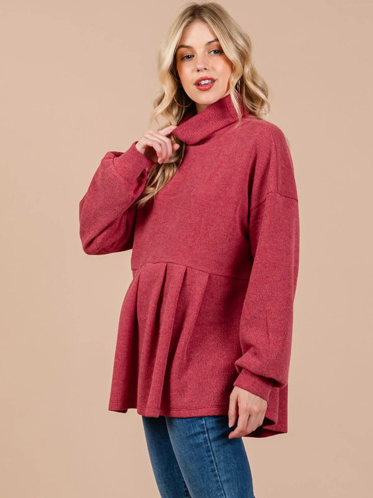 WOMEN'S LONG SLEEVE TURTLE NECK PEPLUM BLOUSE