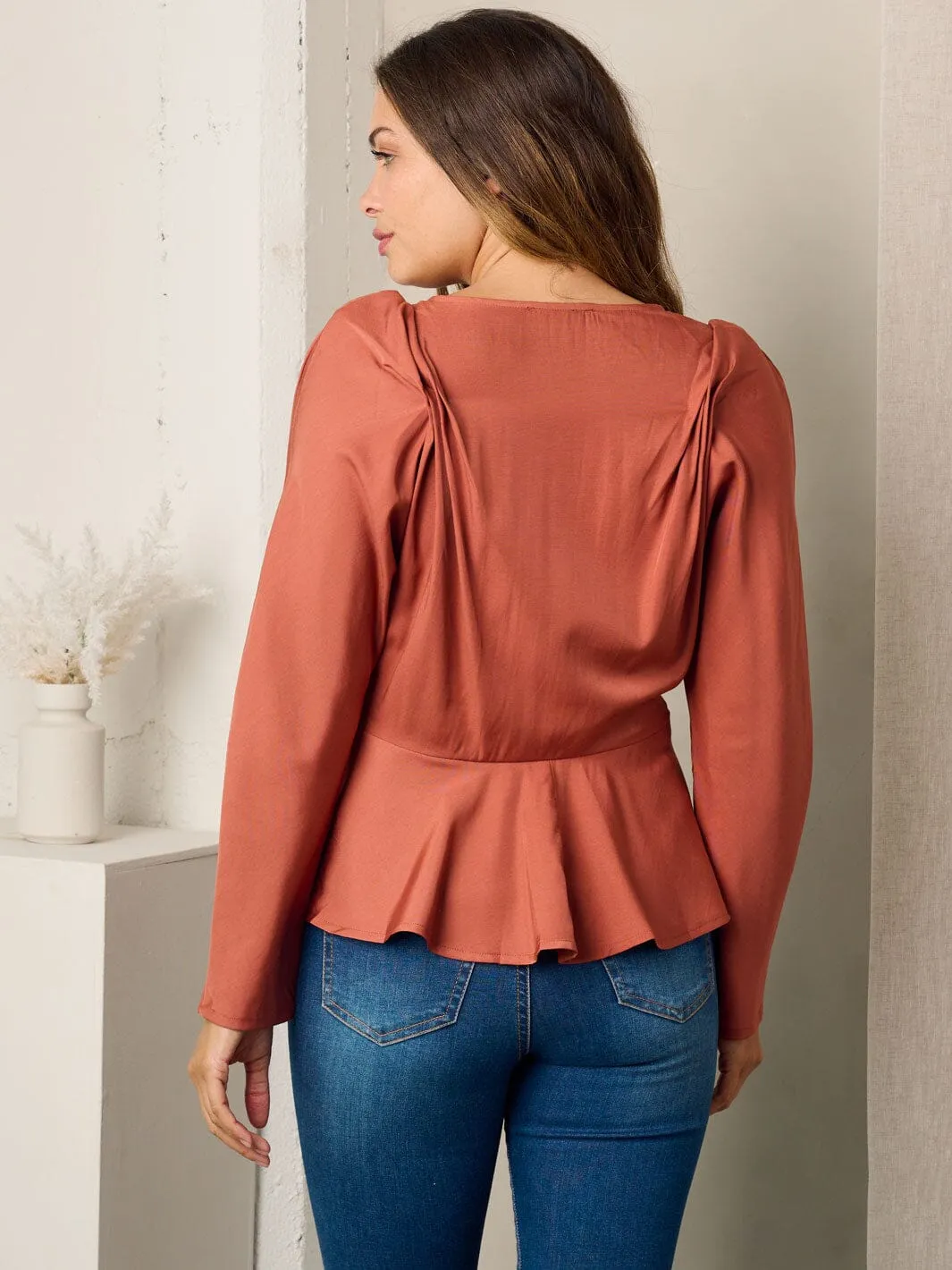 WOMEN'S LONG SLEEVE V-NECK PEPLUM BLOUSE TOP