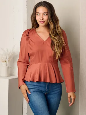 WOMEN'S LONG SLEEVE V-NECK PEPLUM BLOUSE TOP