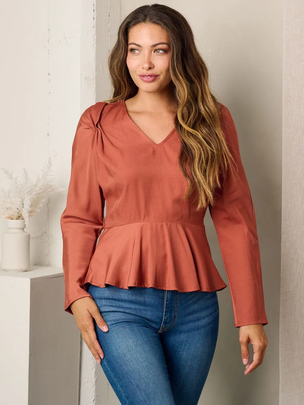 WOMEN'S LONG SLEEVE V-NECK PEPLUM BLOUSE TOP