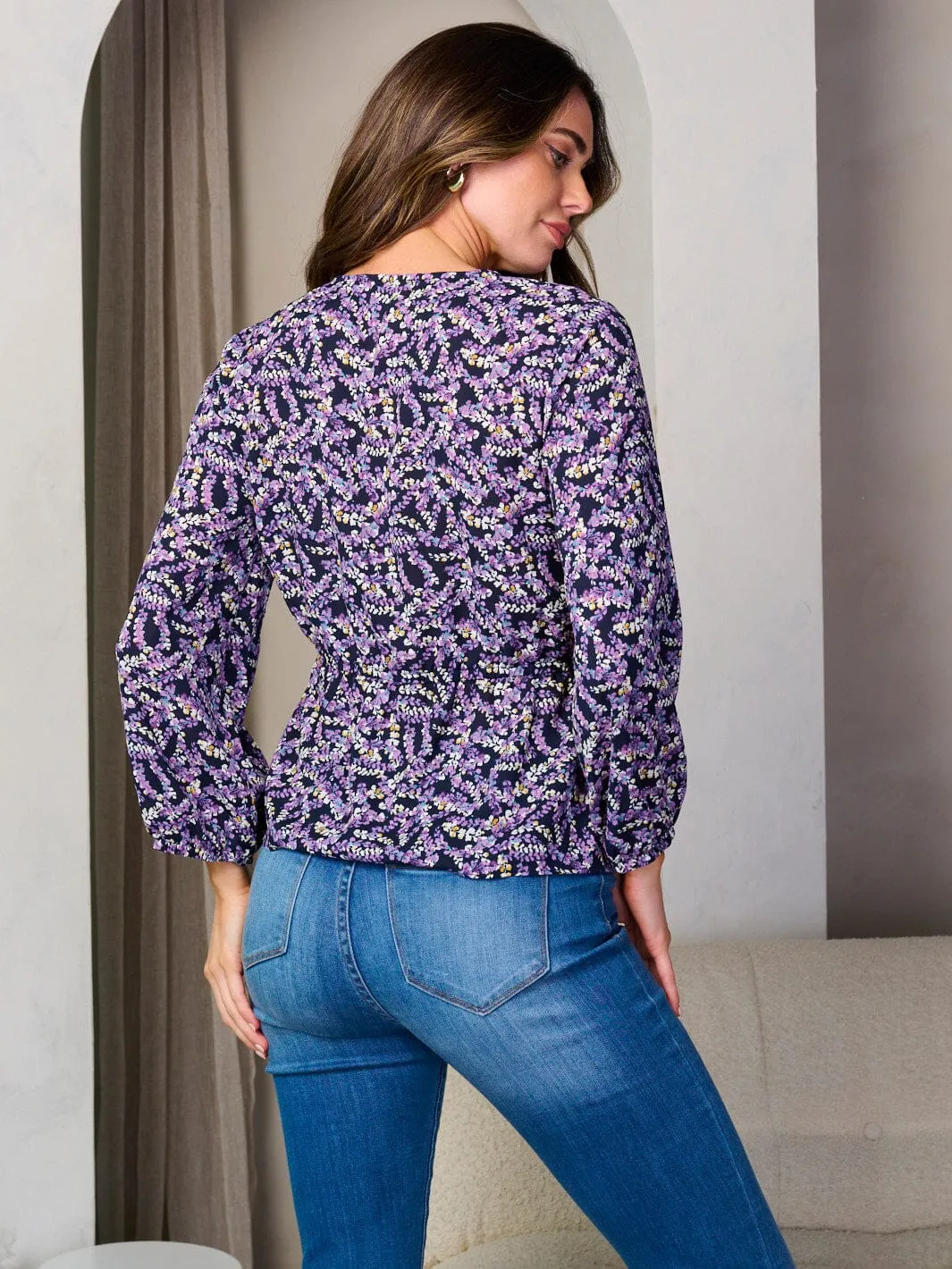 WOMEN'S LONG SLEEVE WRAP PEPLUM FLORAL BLOUSE TOP