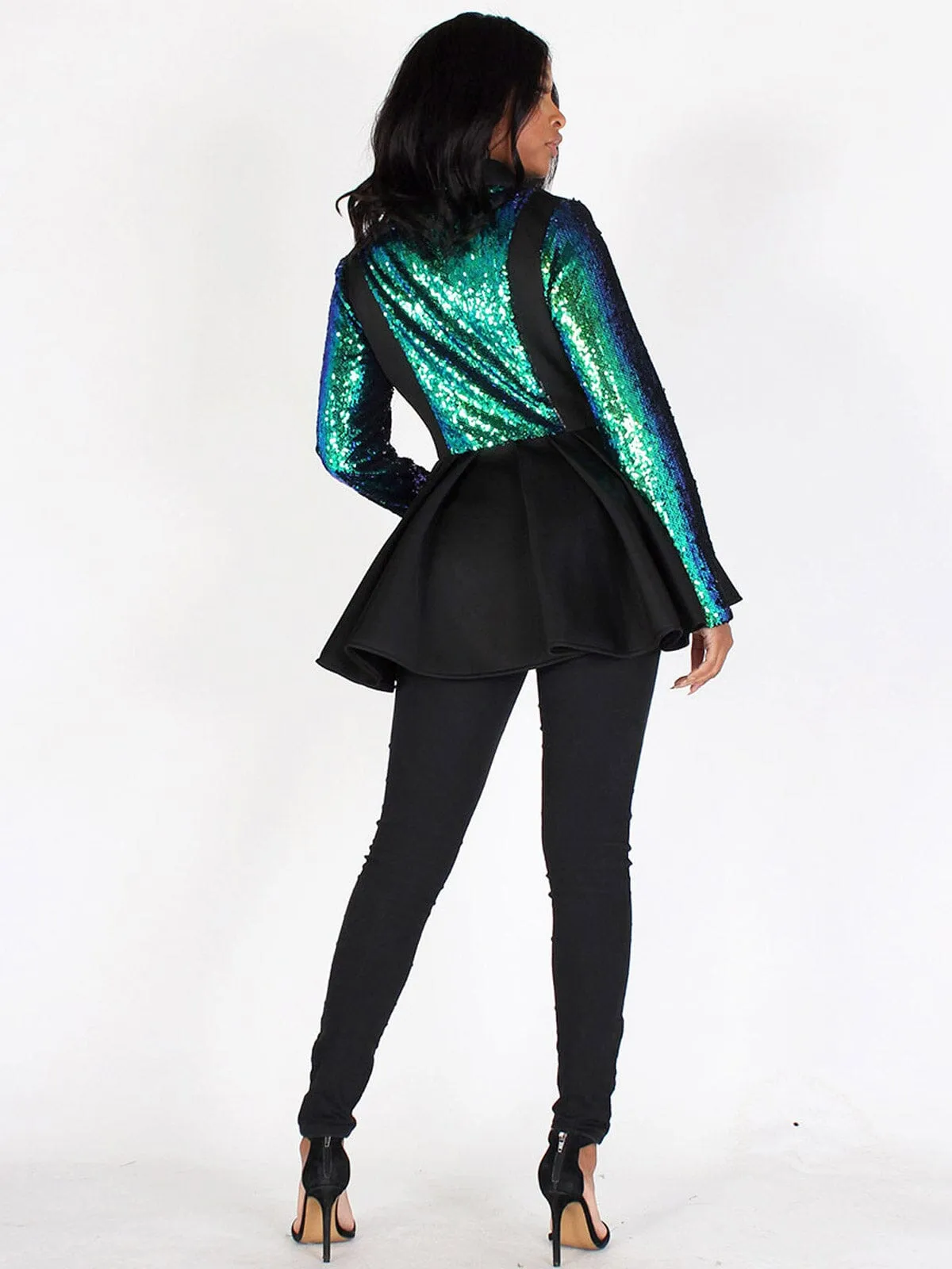 WOMEN'S LONG SLEEVES BUTTON CLOSURE PEPLUM COLORBLOCK SEQUINS JACKET
