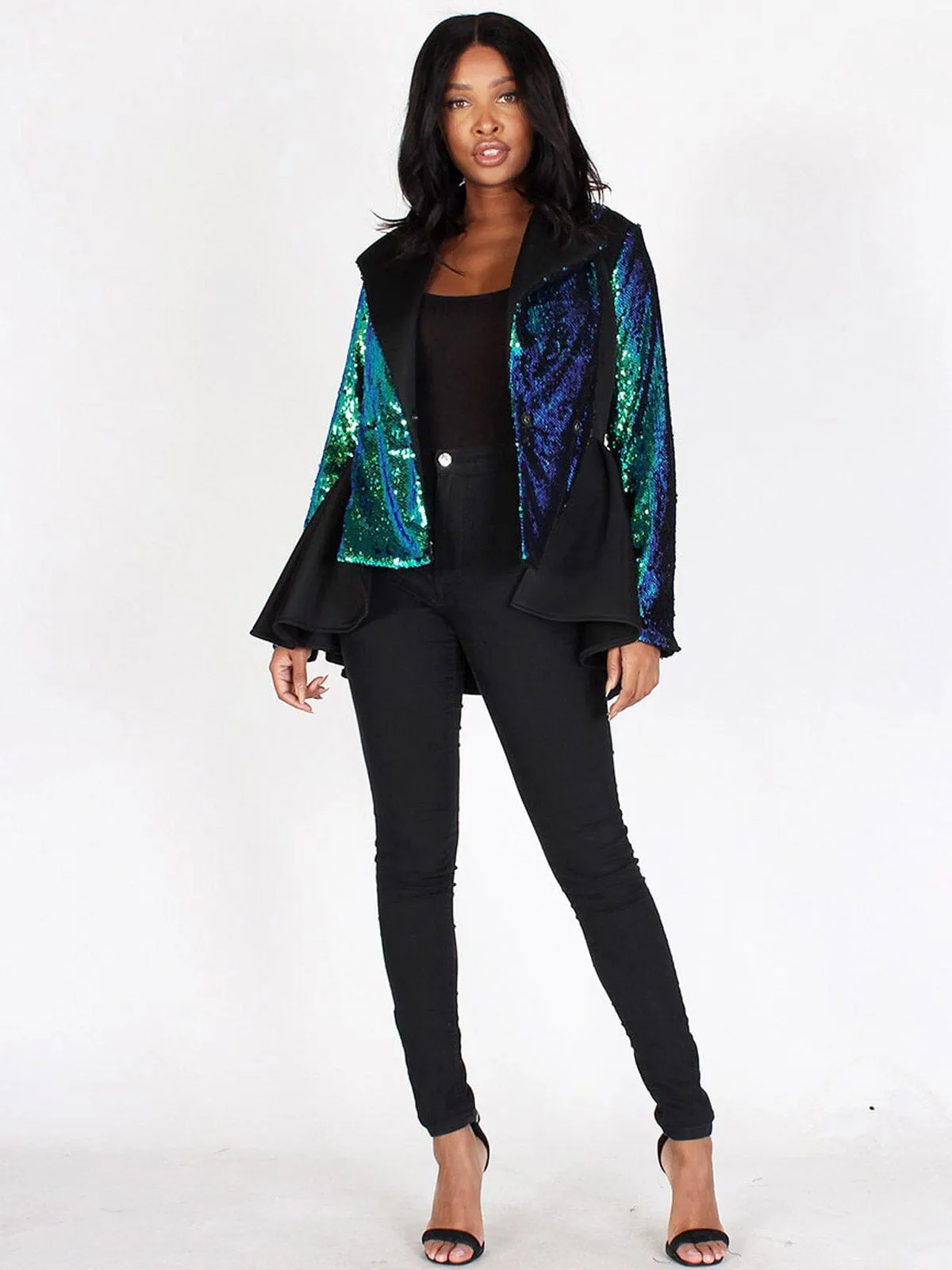 WOMEN'S LONG SLEEVES BUTTON CLOSURE PEPLUM COLORBLOCK SEQUINS JACKET