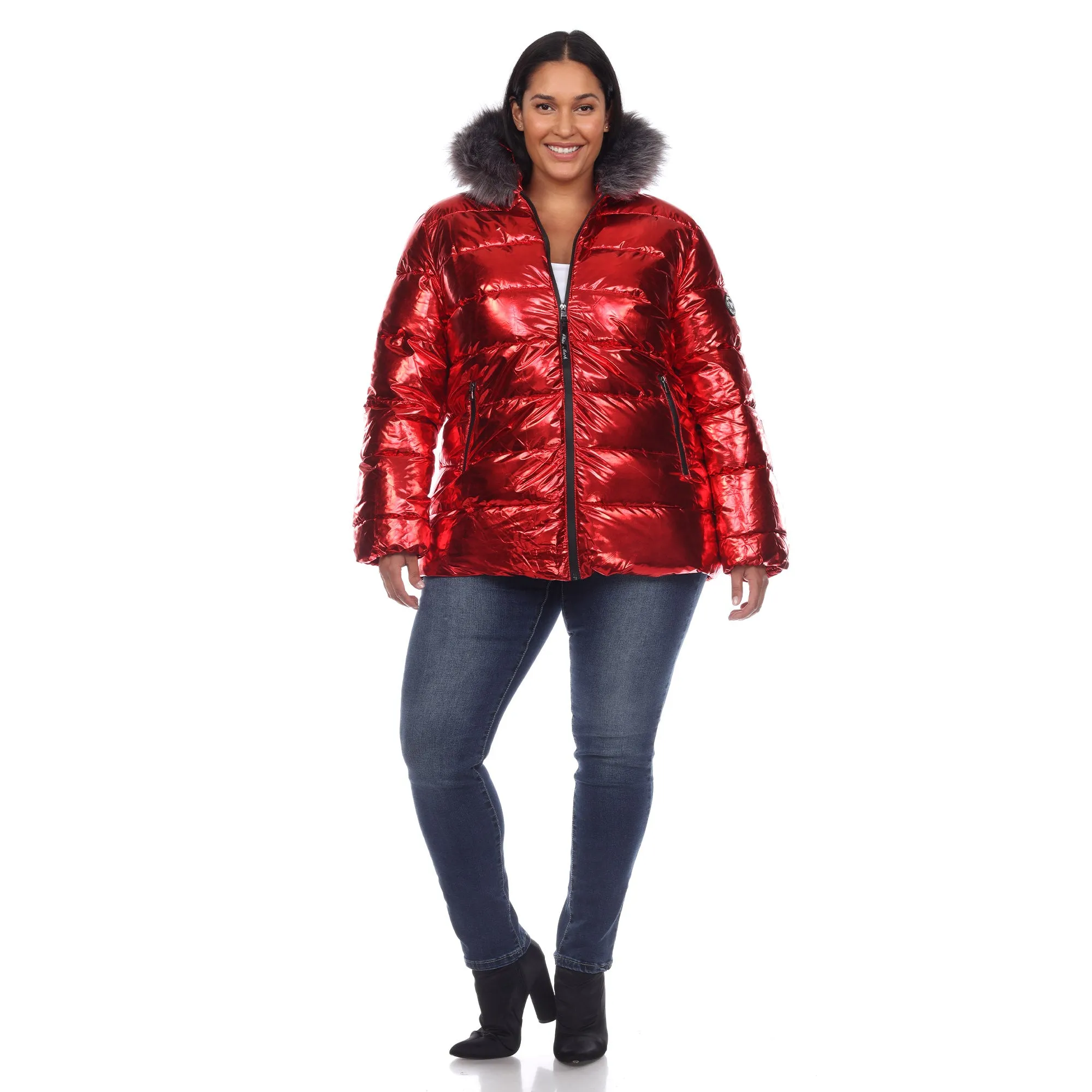 Women's Plus Size Metallic Puffer Coat with Hoodie
