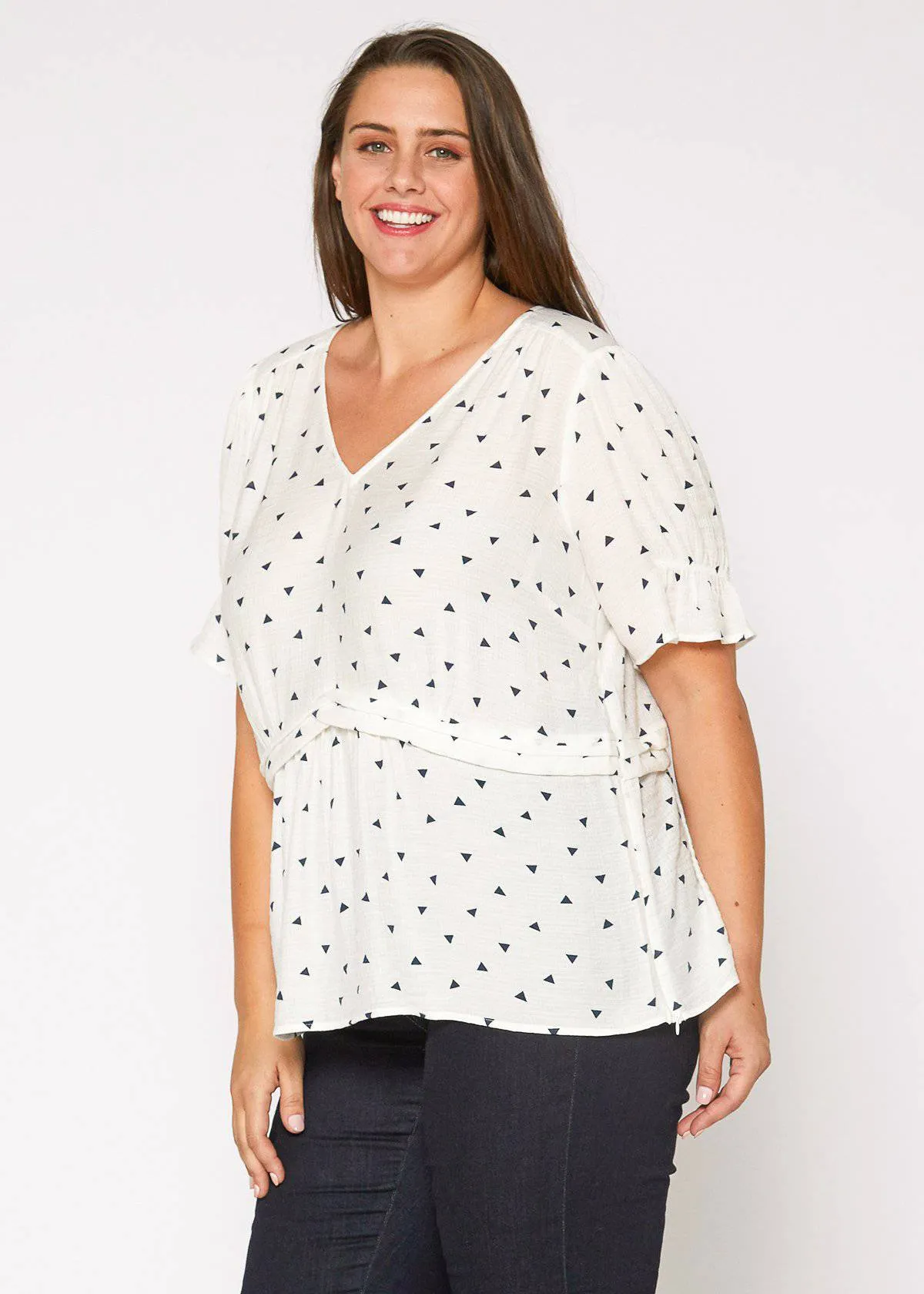 Women's Plus Size Triangle Print Short Sleeve Blouse in White Triangle