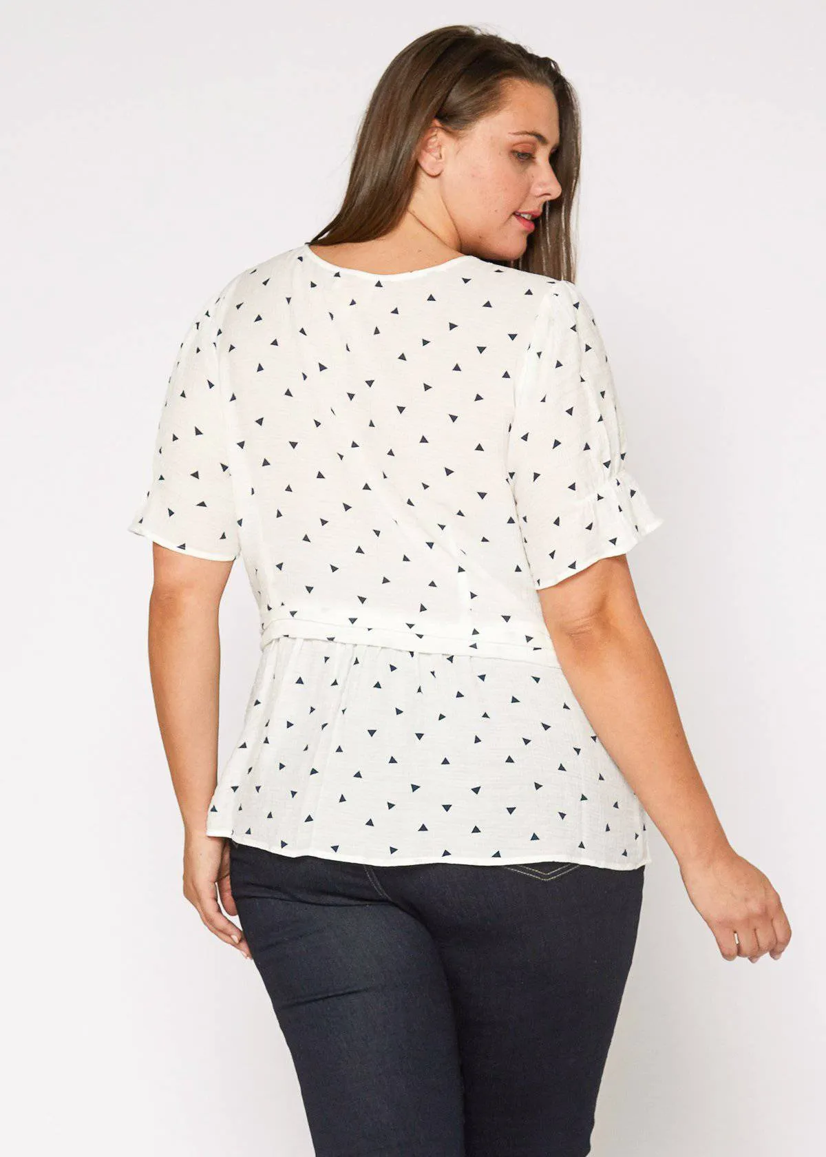 Women's Plus Size Triangle Print Short Sleeve Blouse in White Triangle