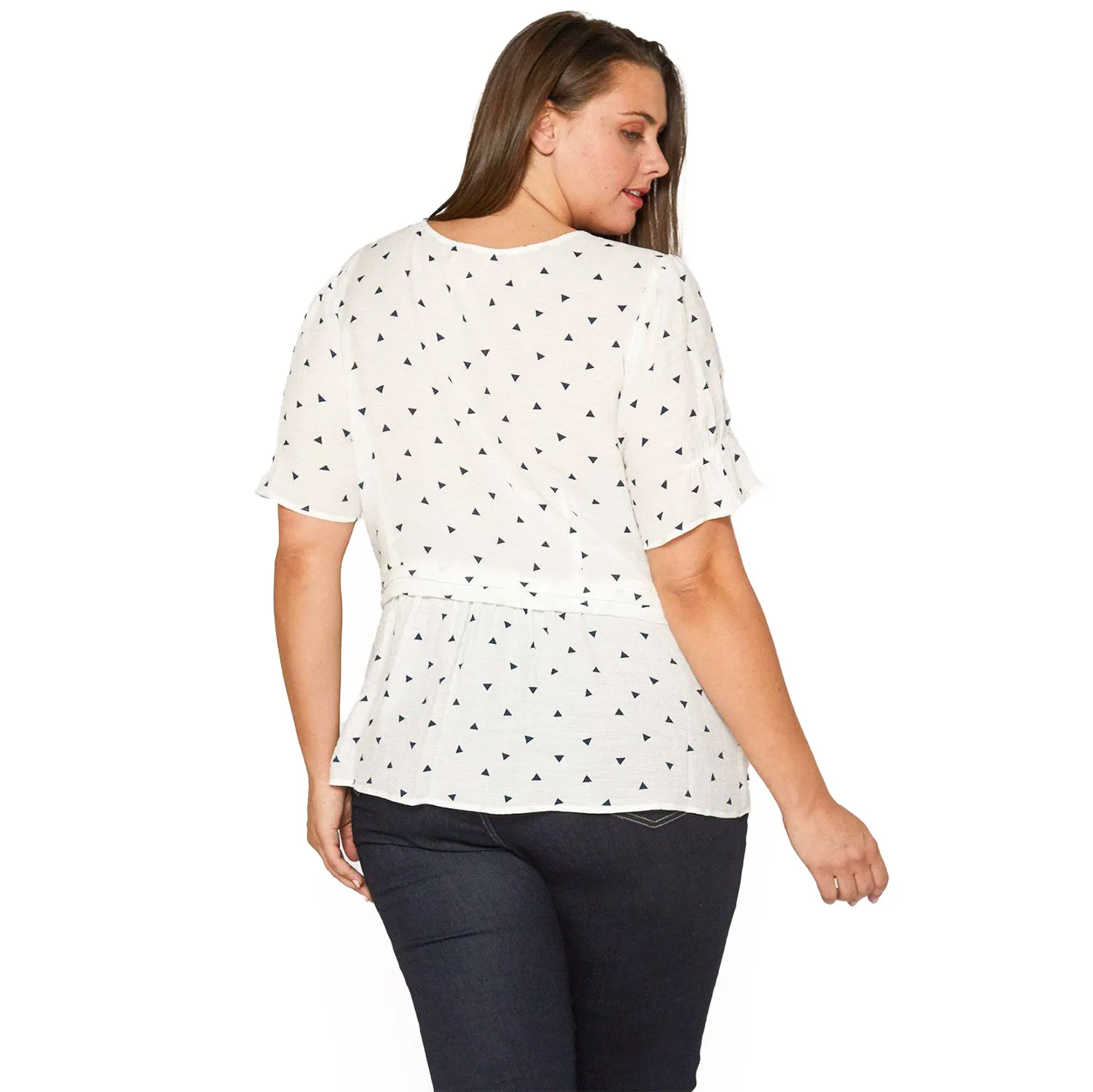 Women's Plus Size Triangle Print Short Sleeve Blouse in White Triangle
