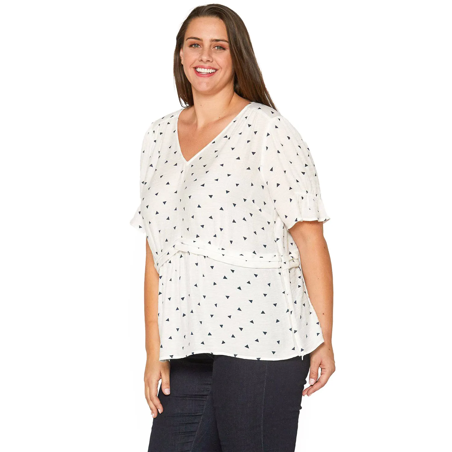 Women's Plus Size Triangle Print Short Sleeve Blouse in White Triangle