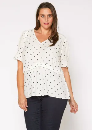 Women's Plus Size Triangle Print Short Sleeve Blouse in White Triangle