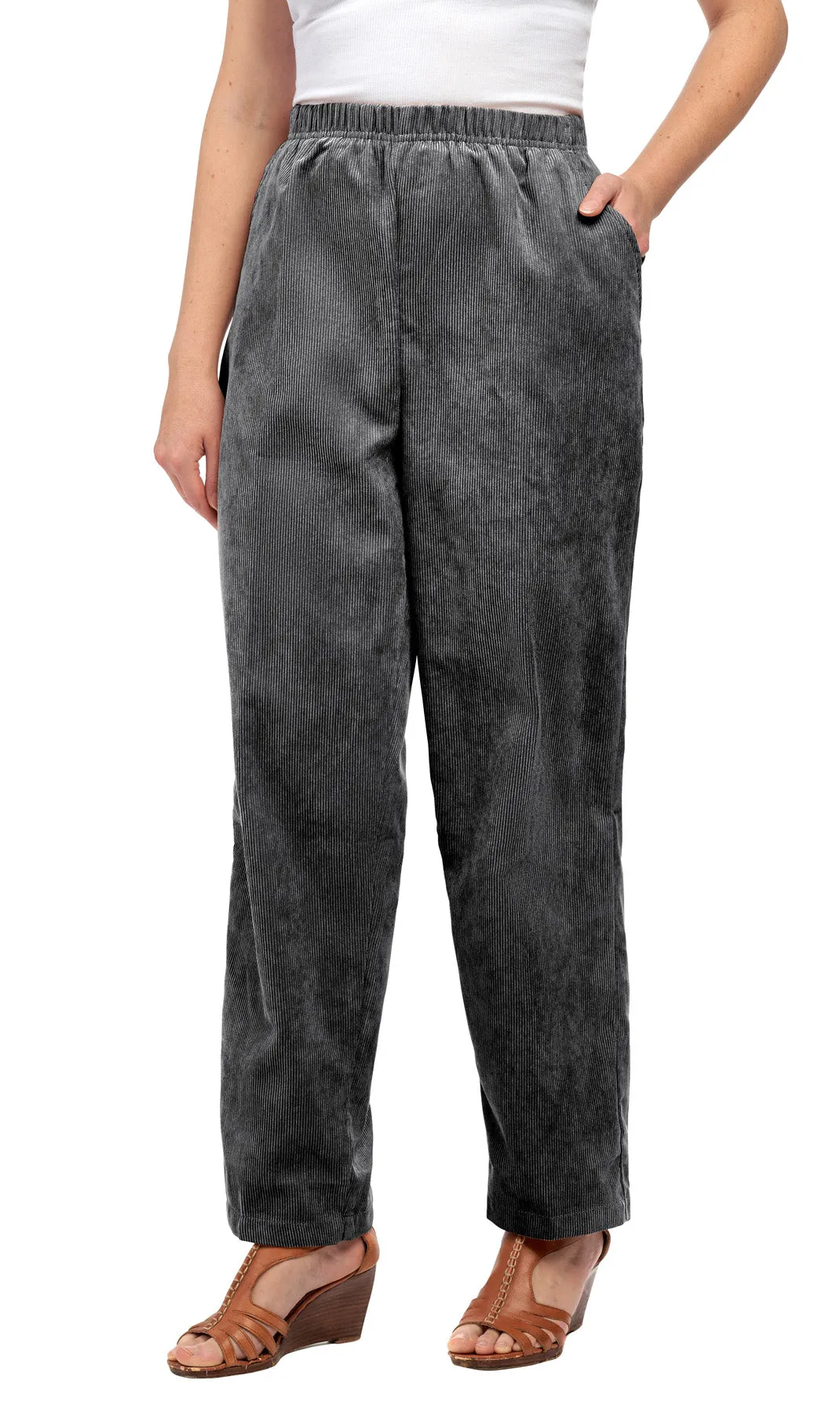Womens Pull On Fine Wale Corduroy Pants with soft-covered elastic waist