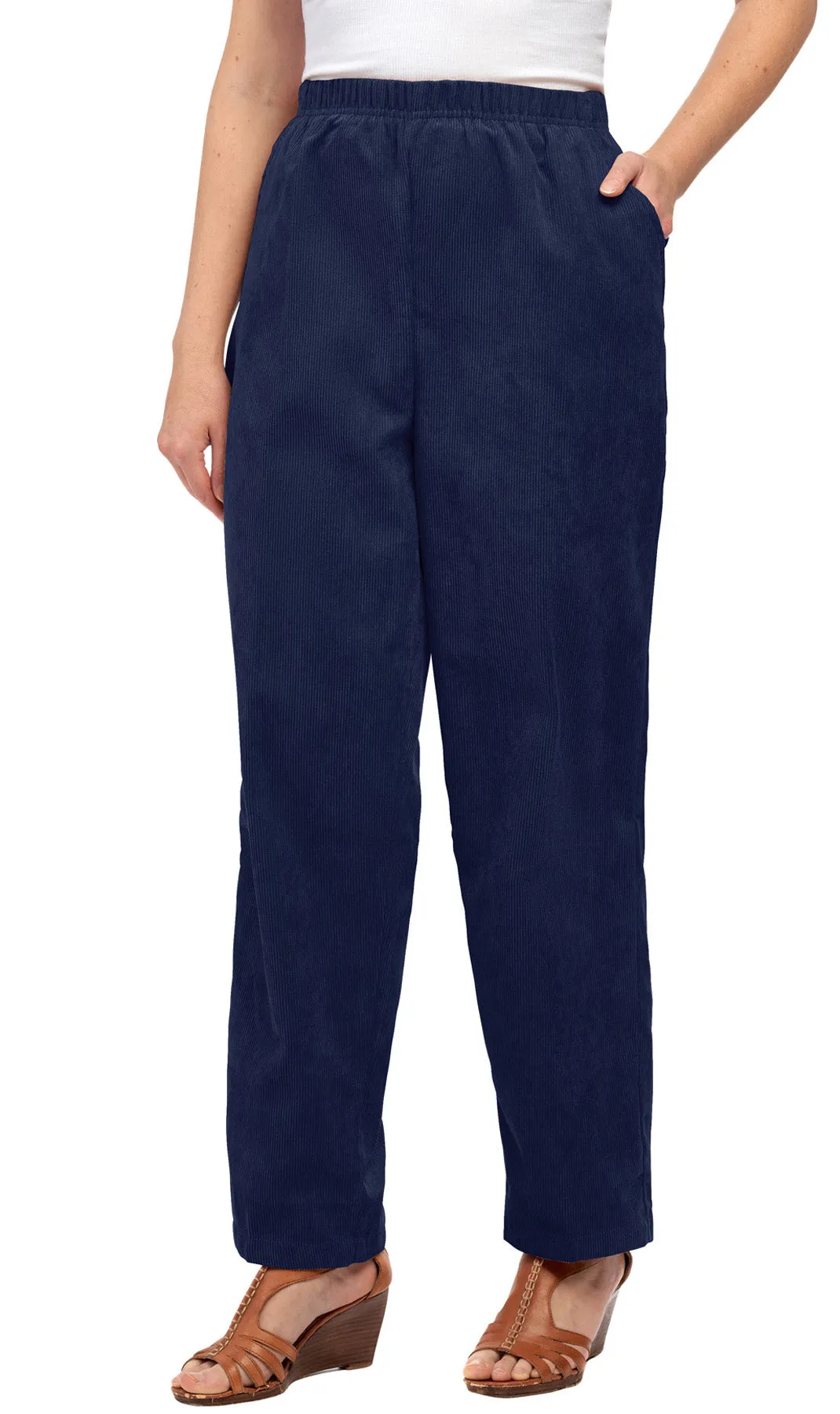 Womens Pull On Fine Wale Corduroy Pants with soft-covered elastic waist