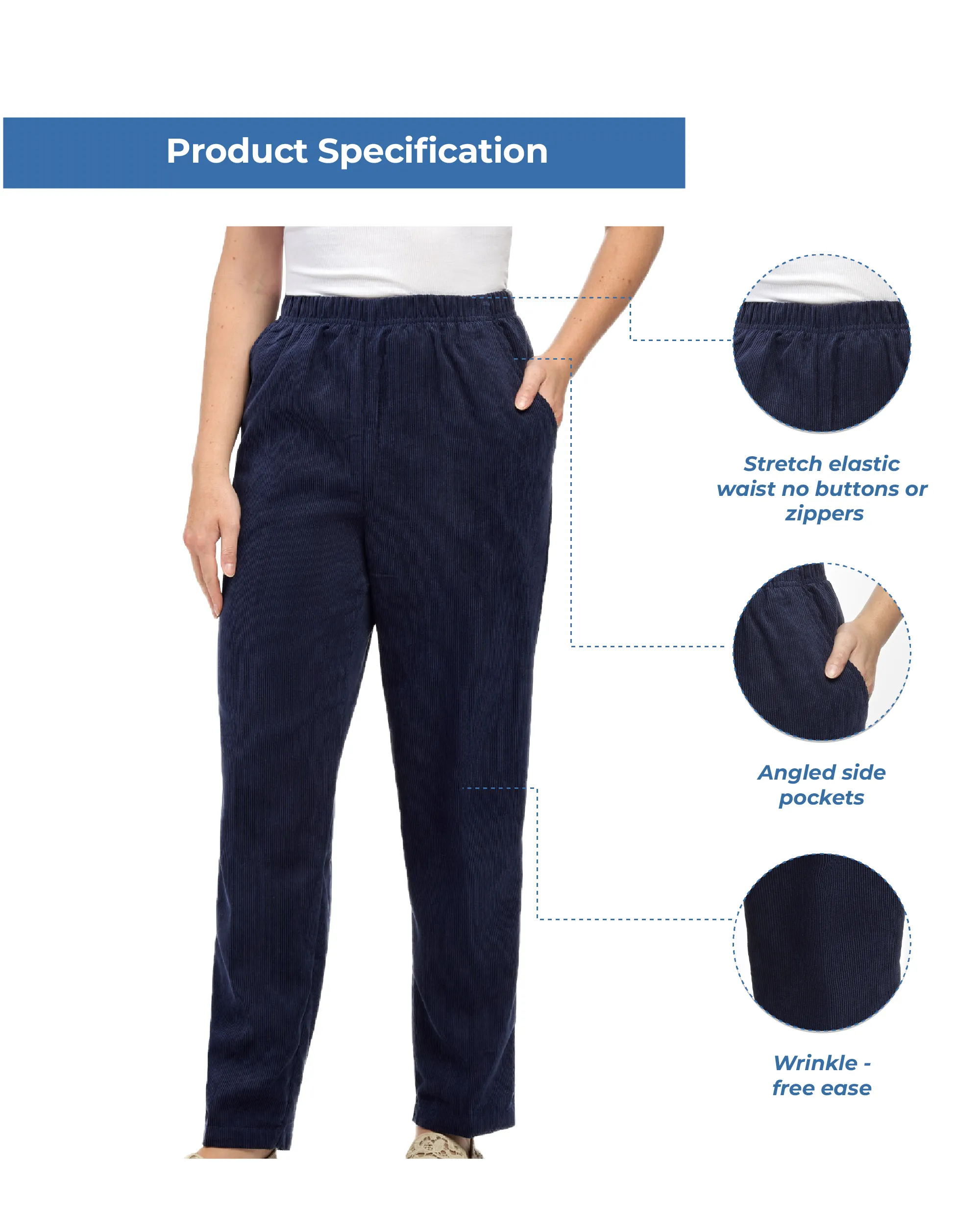 Womens Pull On Fine Wale Corduroy Pants with soft-covered elastic waist