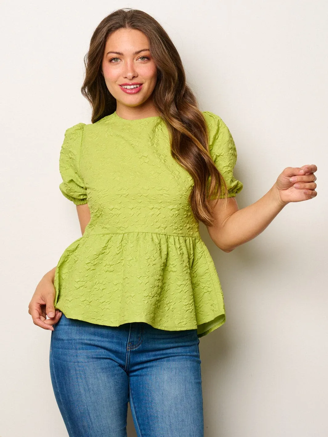 WOMEN'S SHORT PUFF SLEEVE PEPLUM BLOUSE TOP