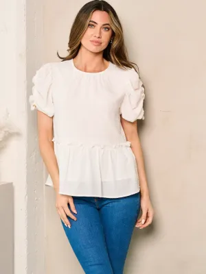 WOMEN'S SHORT PUFF SLEEVE PEPLUM BLOUSE TOP