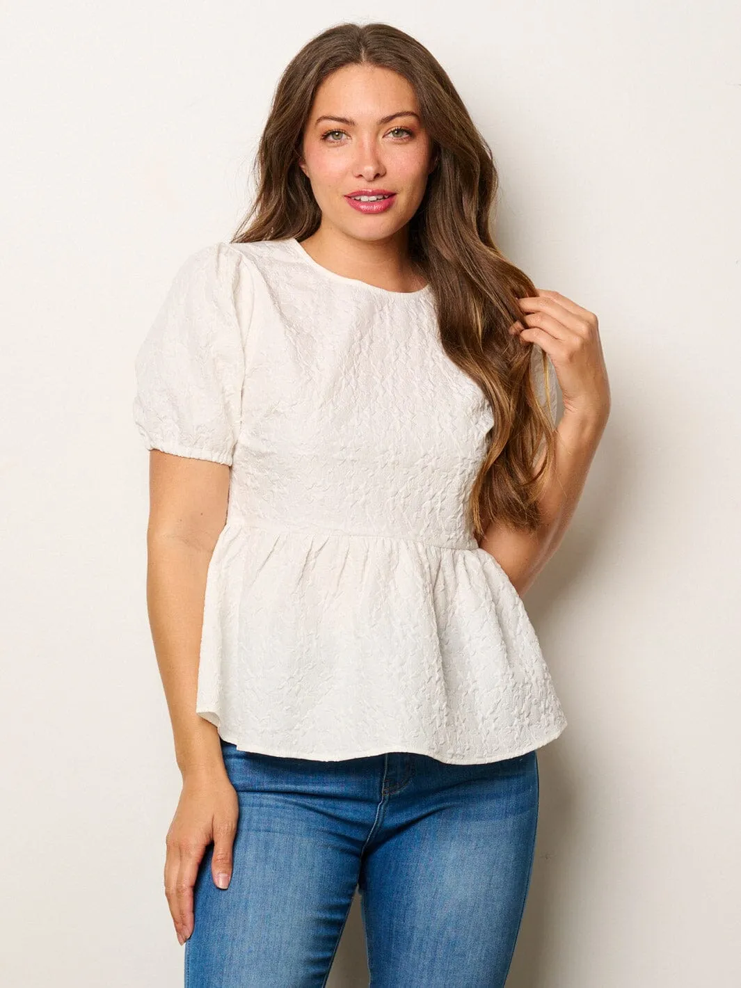 WOMEN'S SHORT PUFF SLEEVE PEPLUM BLOUSE TOP