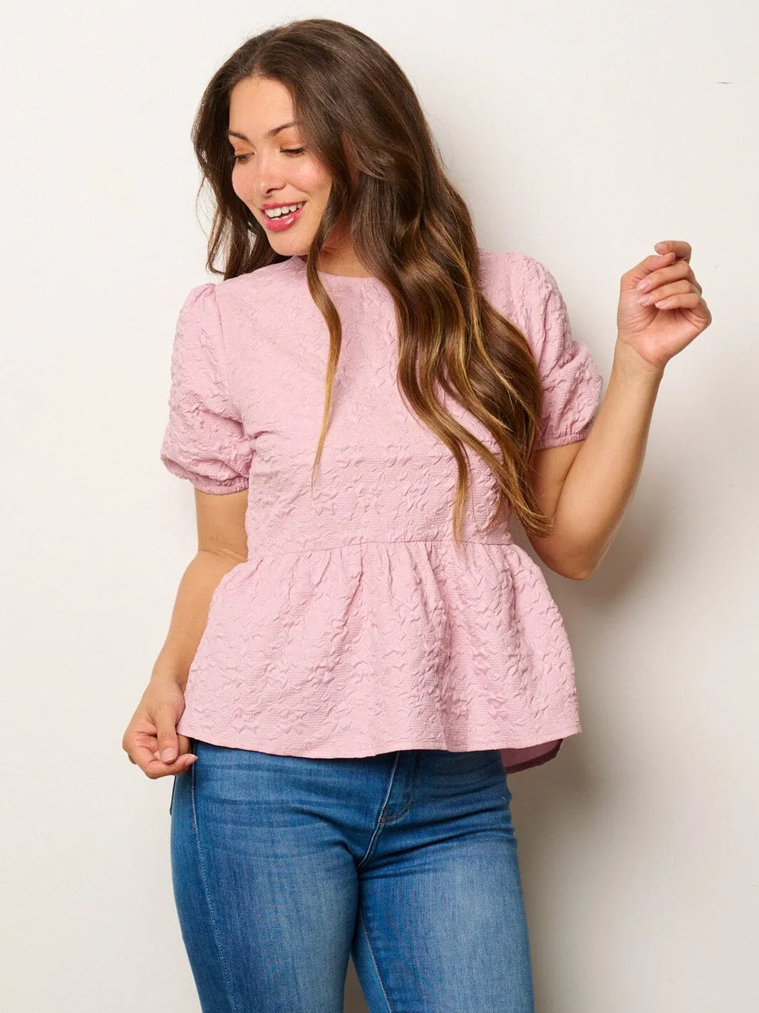 WOMEN'S SHORT PUFF SLEEVE PEPLUM BLOUSE TOP