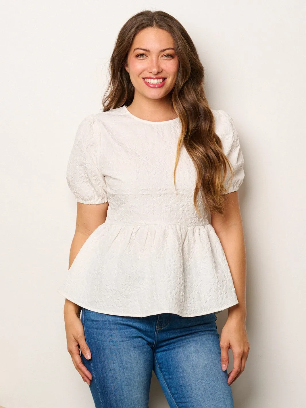 WOMEN'S SHORT PUFF SLEEVE PEPLUM BLOUSE TOP