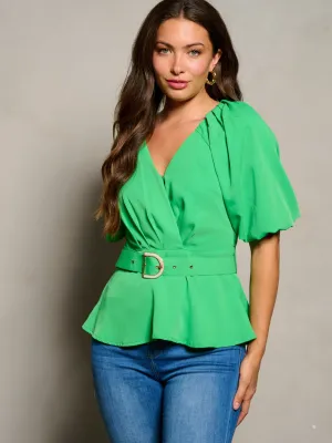WOMEN'S SHORT SLEEVE SURPLICE BELTED BLOUSE PEPLUM TOP