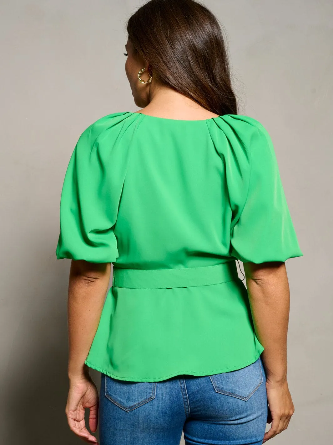 WOMEN'S SHORT SLEEVE SURPLICE BELTED BLOUSE PEPLUM TOP