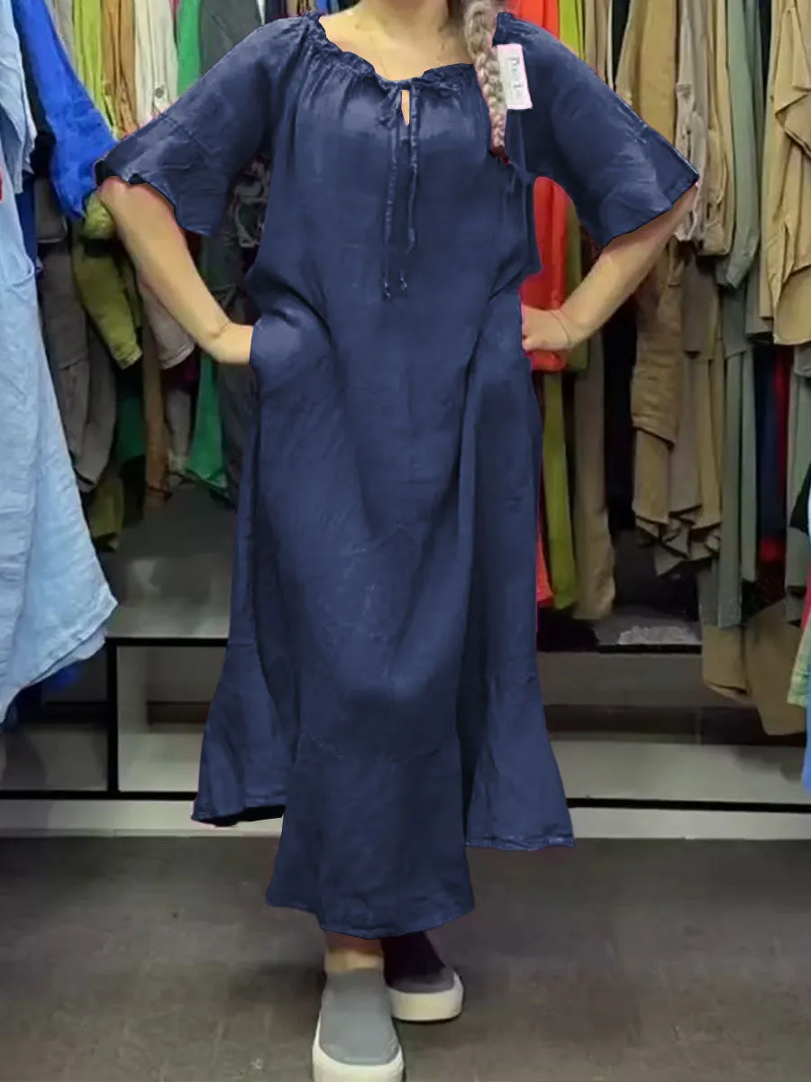 Women's Solid Color Round Neck Ruffled Lace-up Half Sleeves Casual Linen Loose Dress